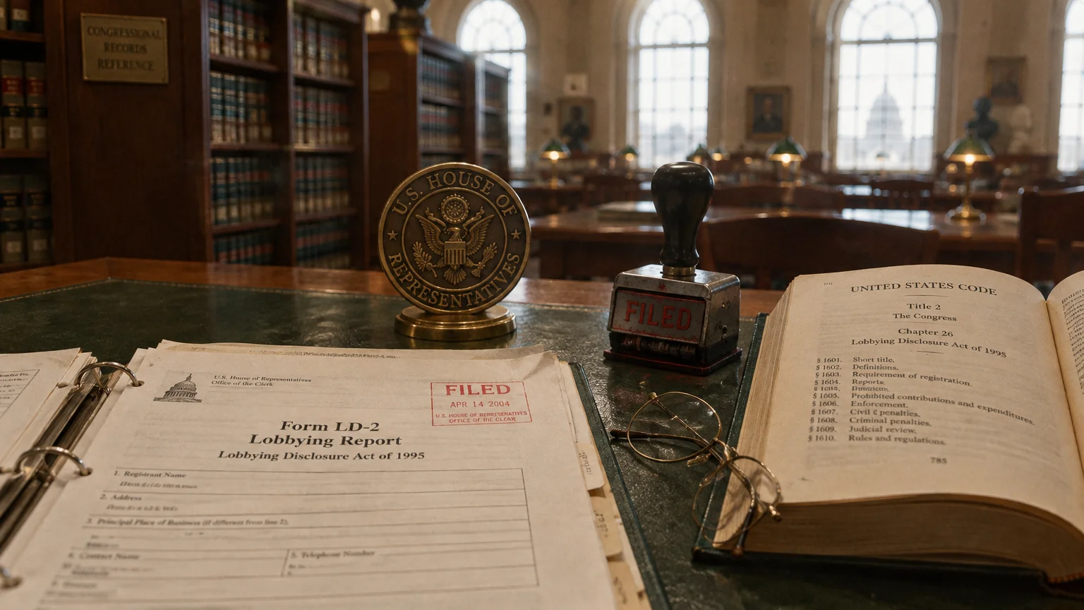 Form LD-2 lobbying report, a House seal medallion, date stamp, glasses, and an open law book on a desk in a library.