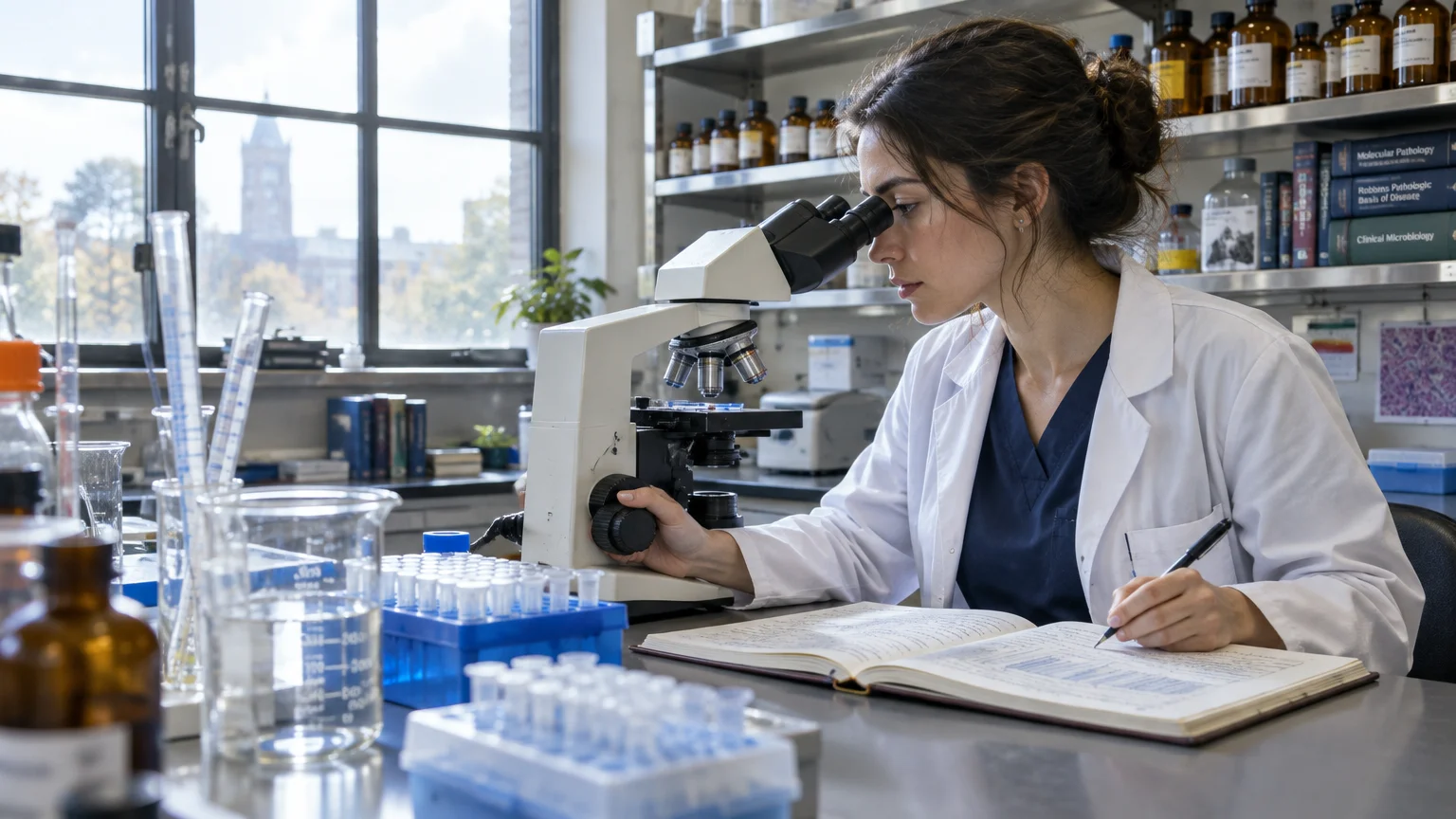 A female scientist in a white lab coat looks into a microscope while writing in a notebook in a laboratory.