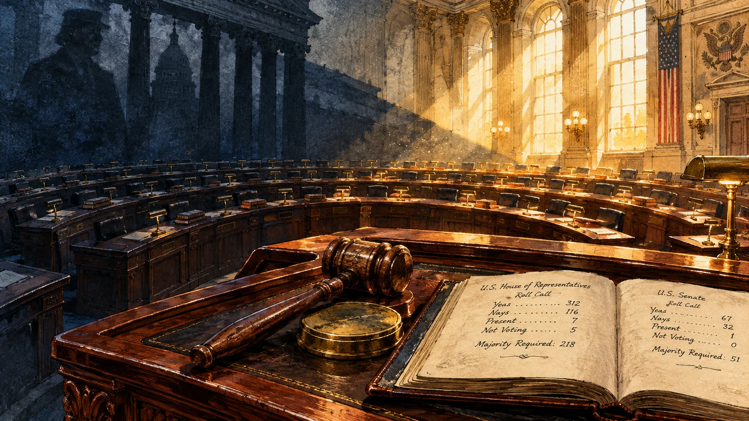 Illustration of an empty legislative chamber with a gavel, sound block, and open roll-call ledger on a wooden desk.