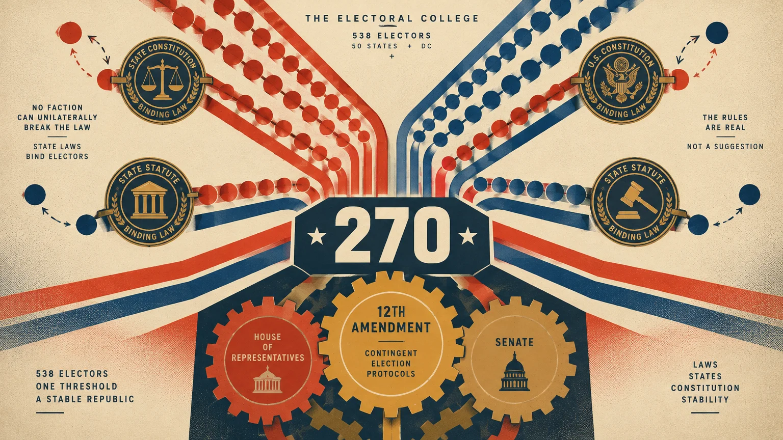 Graphic diagram centering on the number 270, flanked by red and blue voter tracks, legal seals, and interlocking gears.