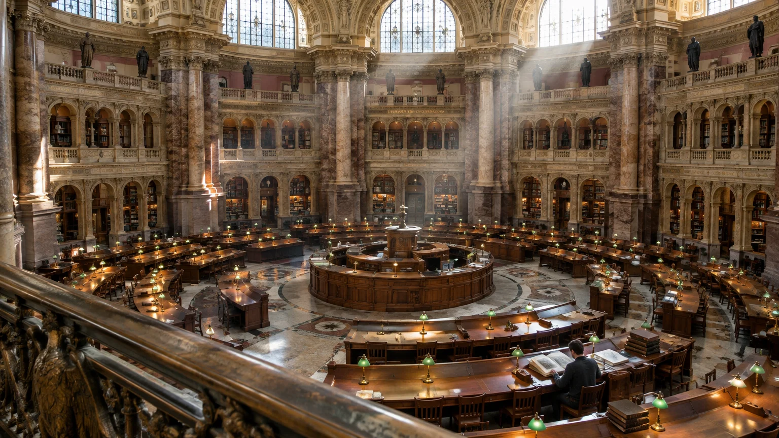 High-angle view of a circular historic library reading room with ornate marble columns, arched windows, and wooden desks.
