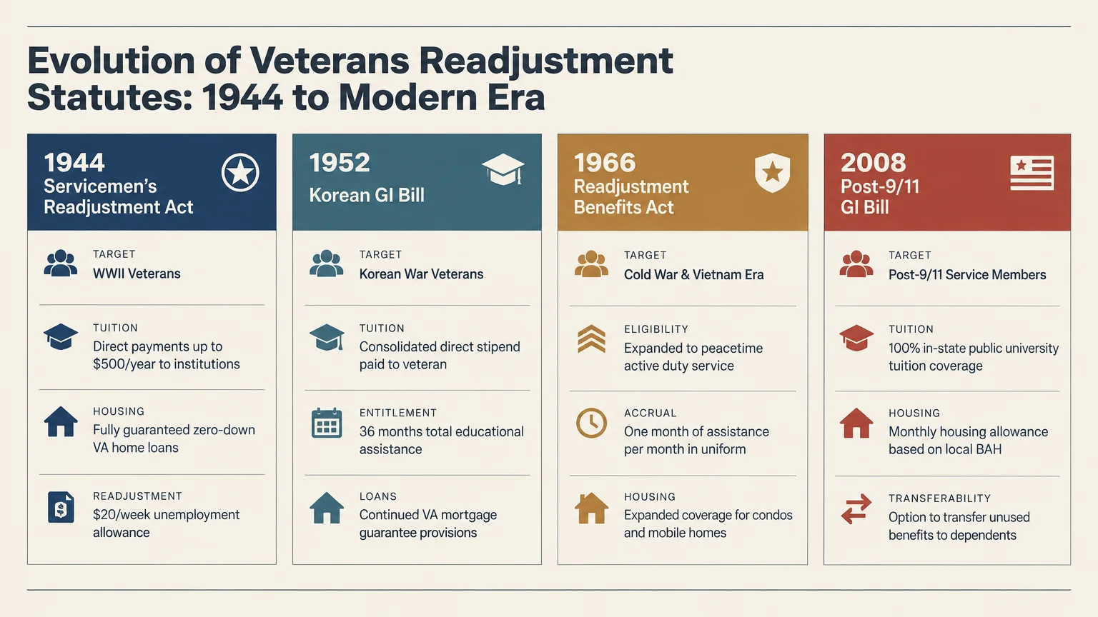 Diagram comparing four GI Bill statutes from 1944, 1952, 1966, and 2008 across target, tuition, and housing benefits.