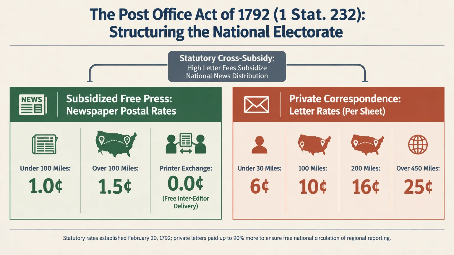 Diagram comparing Post Office Act of 1792 postal rates for subsidized newspapers versus private correspondence.