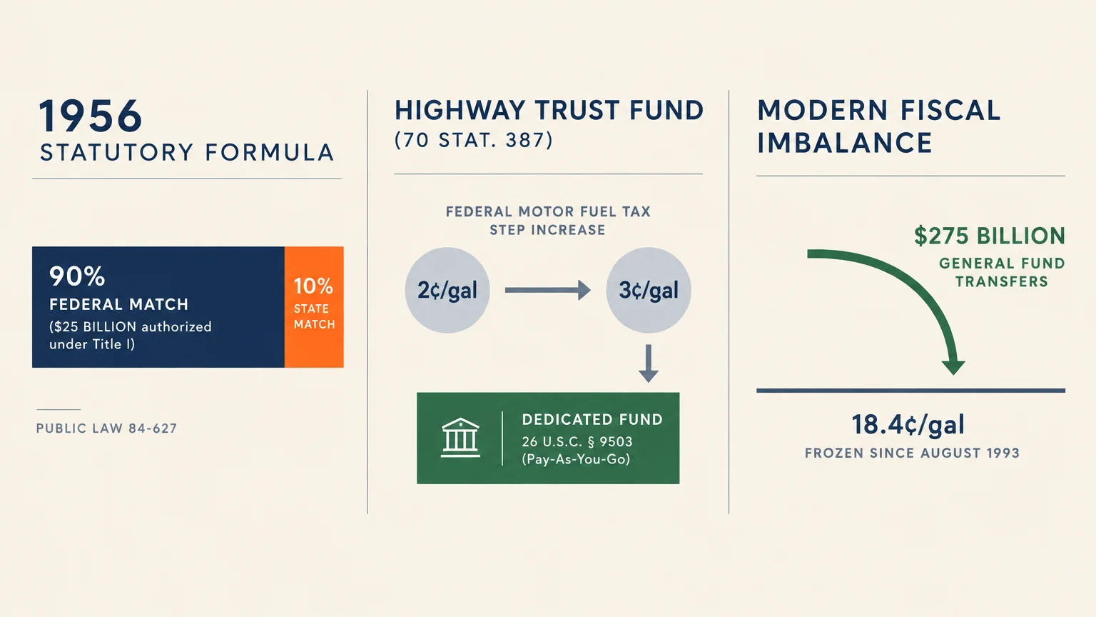 Diagram showing the 1956 90-10 match formula, Highway Trust Fund tax increase, and modern fiscal imbalance chart.