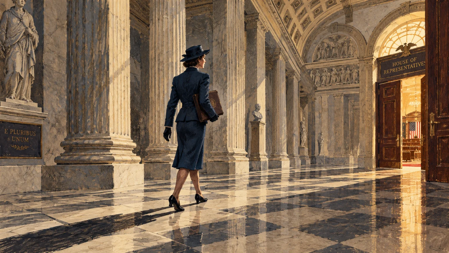 Illustration of a woman in a vintage blue suit and hat walking through a marble Capitol hallway toward the House chamber.