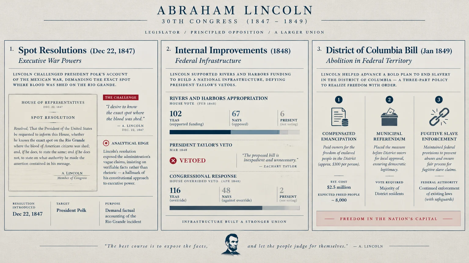 Infographic detailing Abraham Lincoln's actions in the 30th Congress across three panels on war powers, infrastructure, and DC.