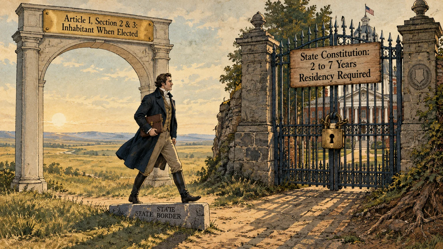Illustration of a 19th-century man walking past a stone archway toward a locked gate guarding a state capitol building.
