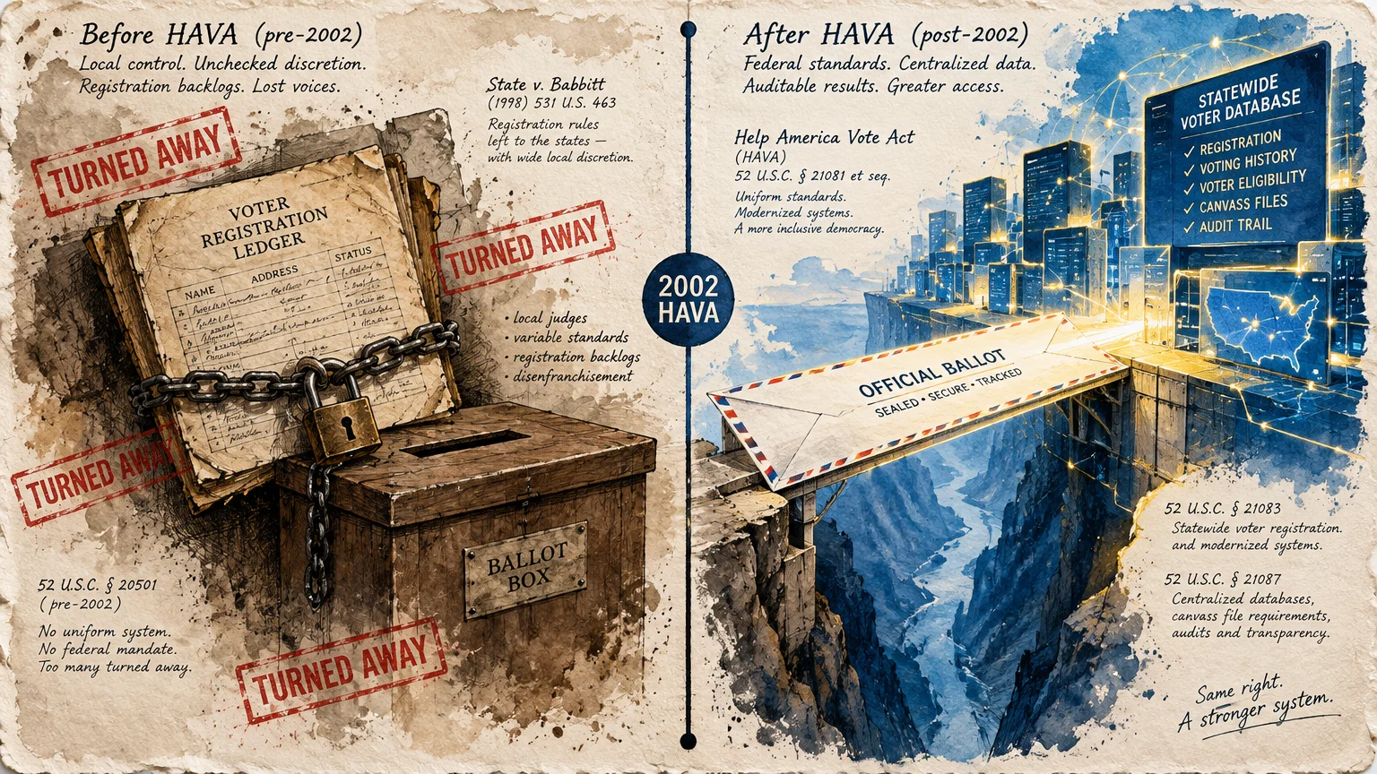 Split graphic contrasting a chained ballot box pre-2002 with an official ballot bridge to a digital city post-HAVA.
