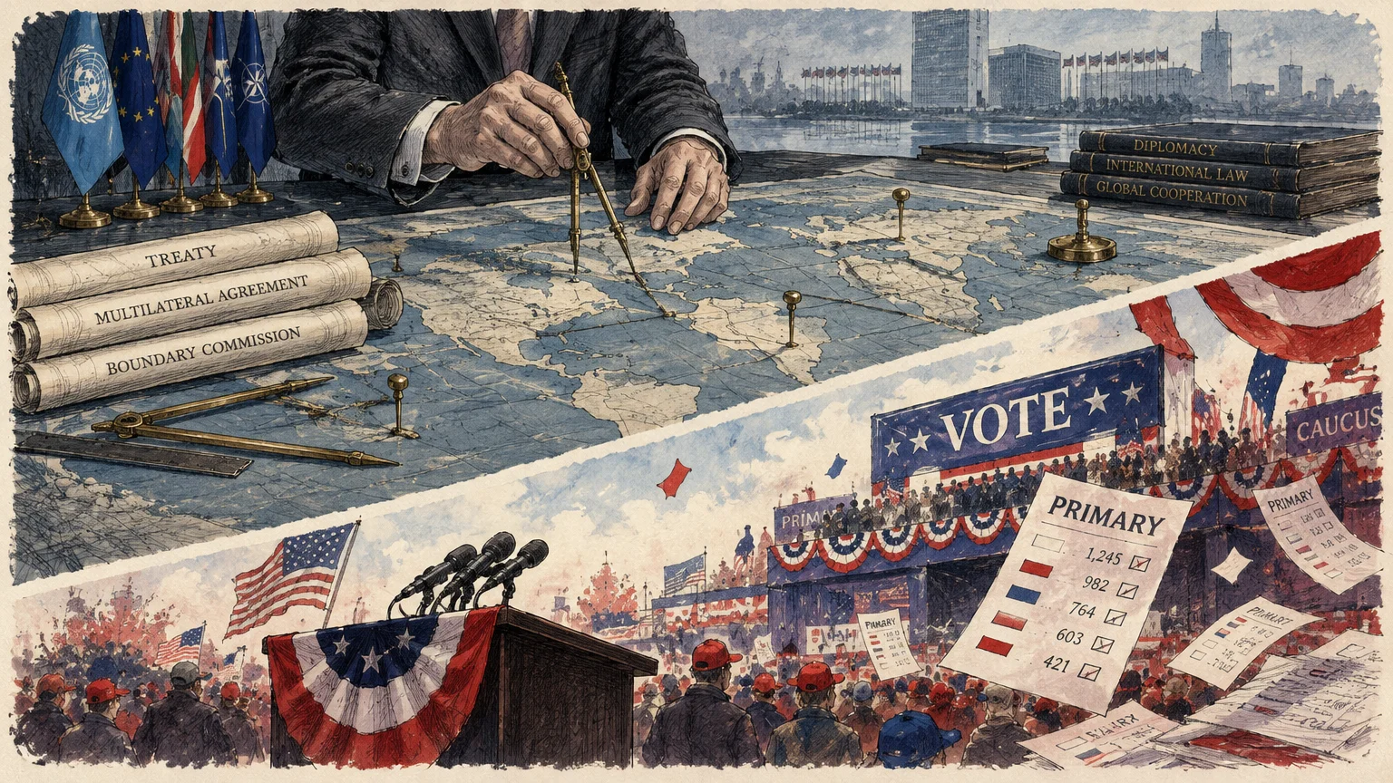 Split illustration showing diplomatic maps and treaty documents above a crowded political rally with campaign banners.