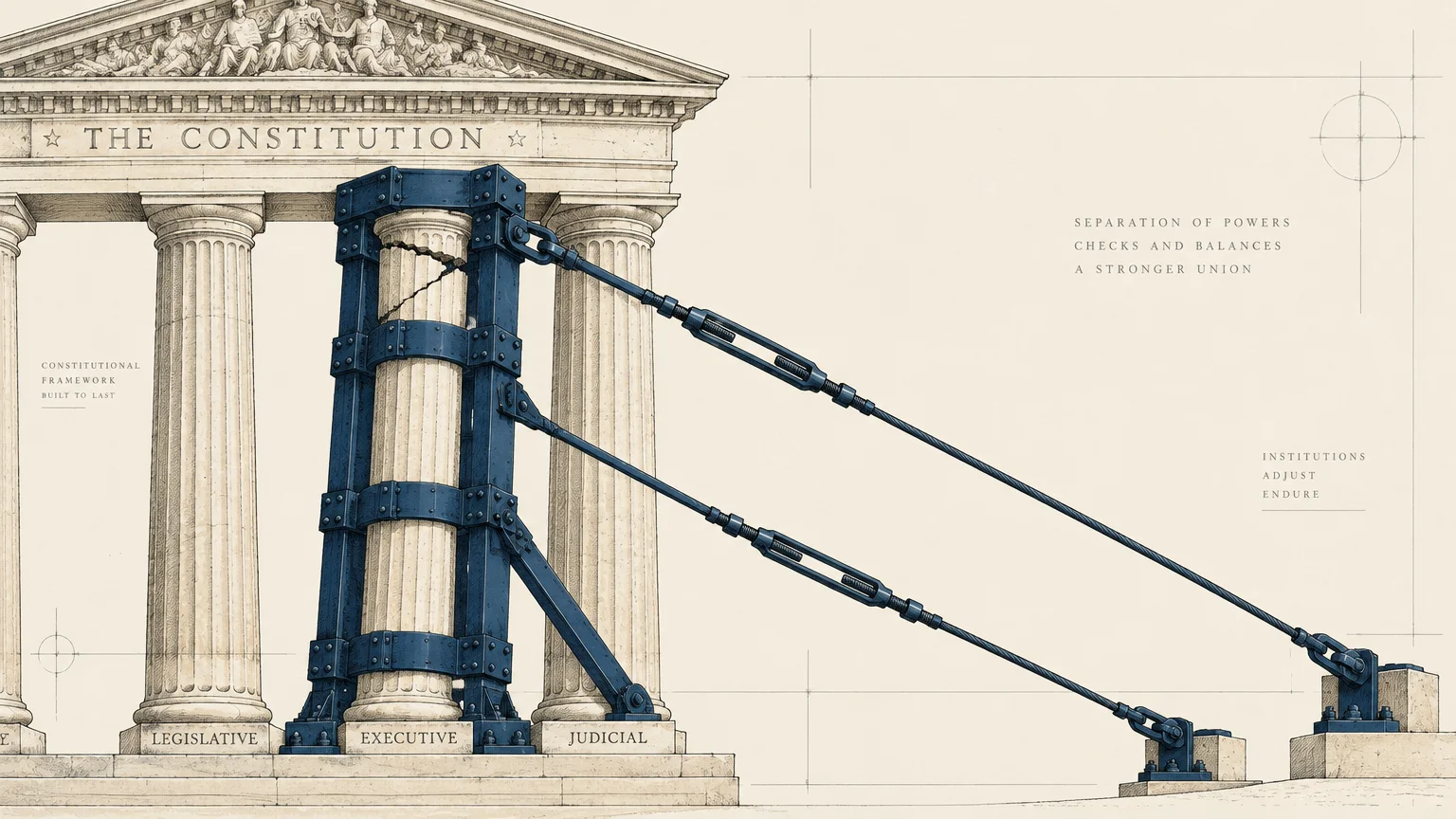 A classical temple facade with a cracked Executive column reinforced by blue steel bracing and tension cables.