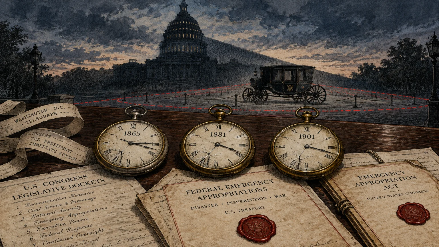 Three cracked pocket watches marked 1865, 1881, and 1901 lie on legislative dockets before the US Capitol and carriage.