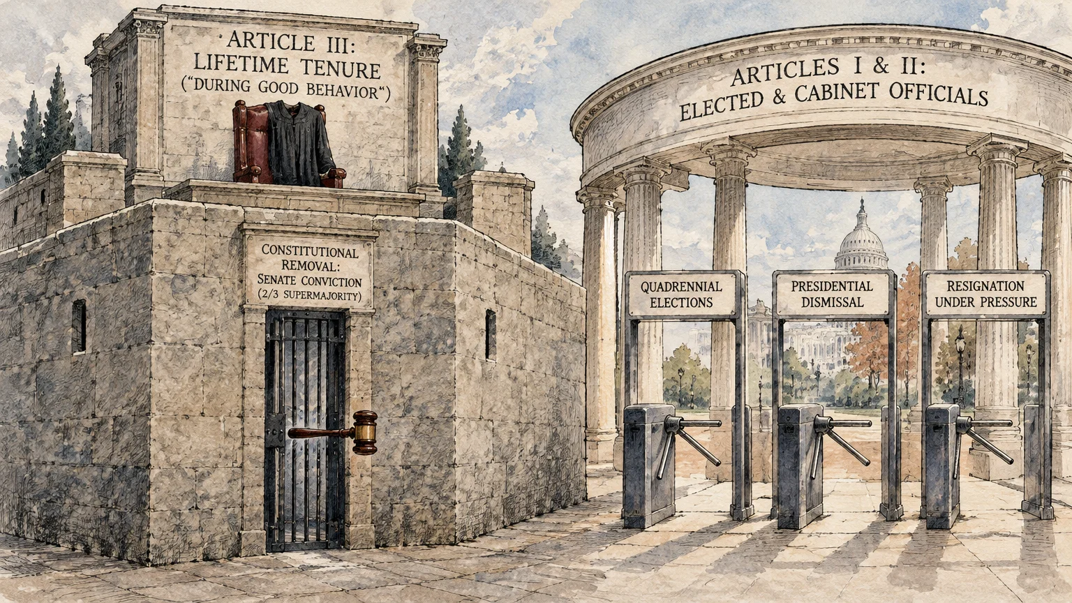 Architectural illustration comparing a stone fortress for judicial tenure to open turnstiles for elected and cabinet officials.