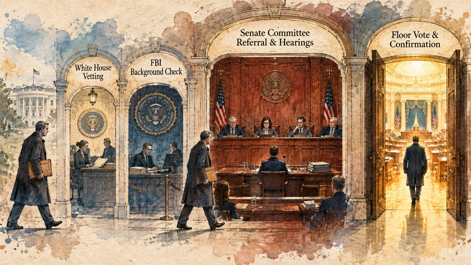 Watercolor illustration showing four stages of Senate confirmation from White House vetting to final floor vote.