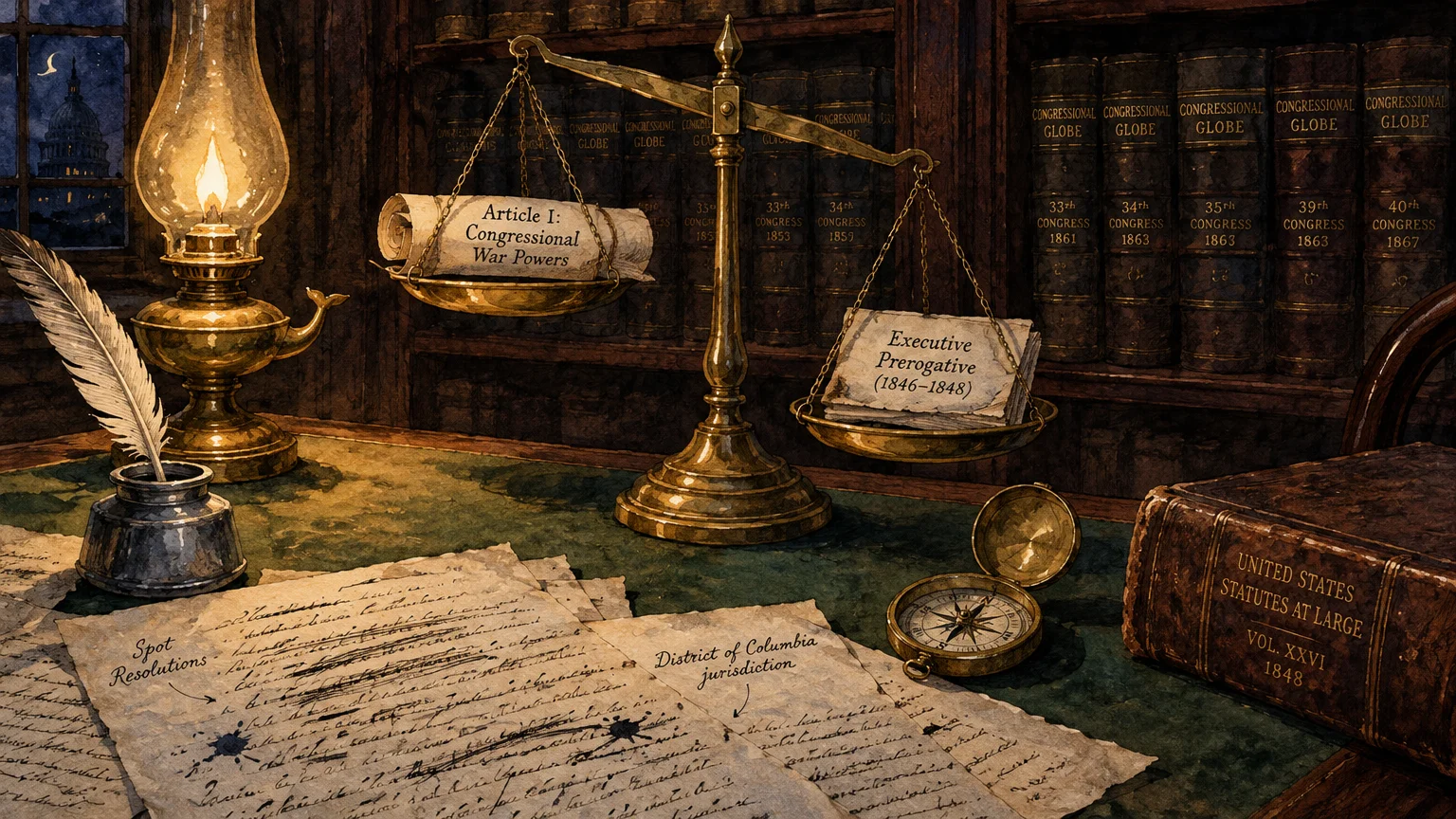 Brass balance scale holding scrolls on a desk with a quill, inkwell, lamp, compass, and law books in a study.