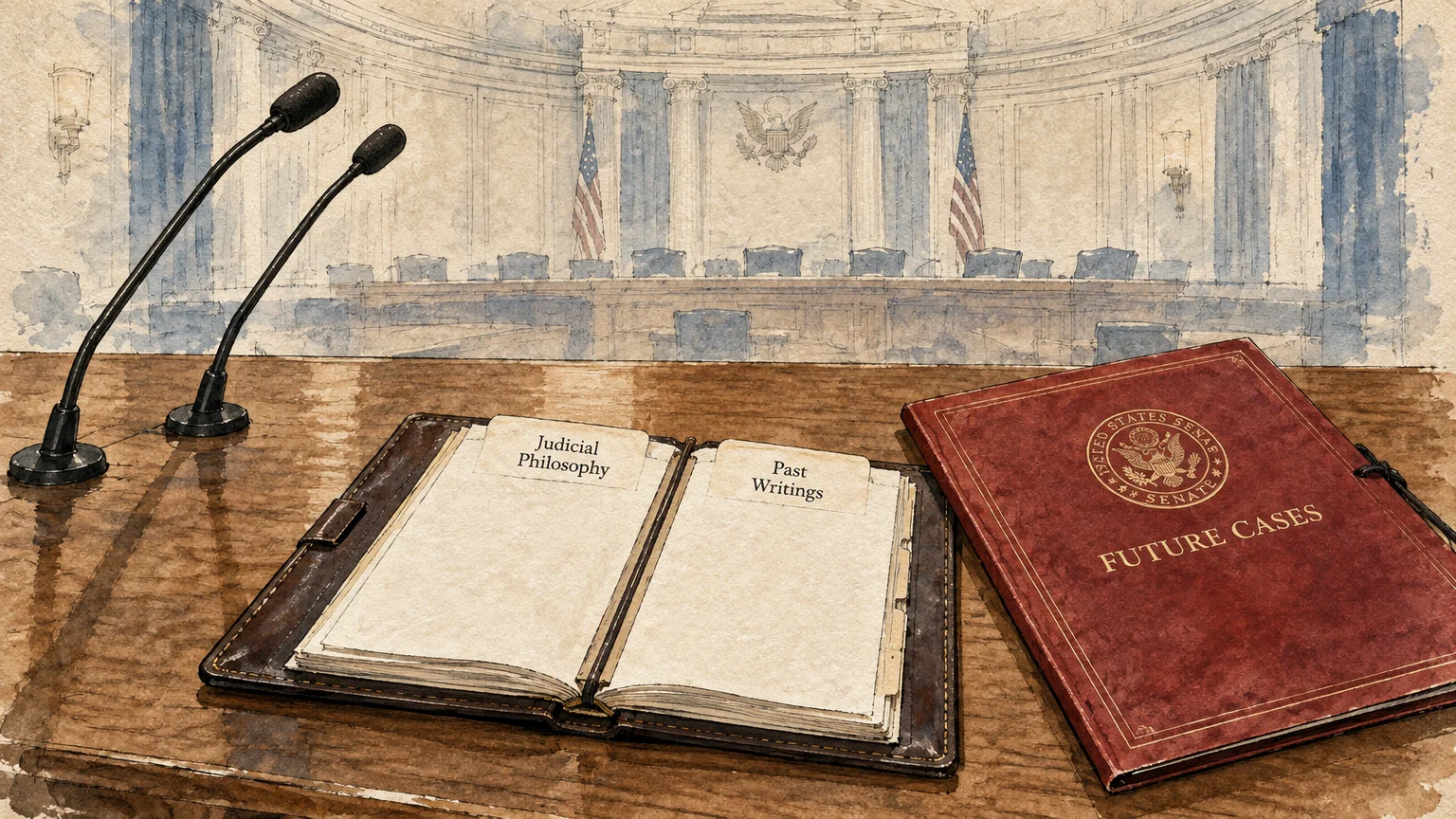 Illustration of a witness table with microphones, an open notebook, and a Senate folder facing an empty hearing room.