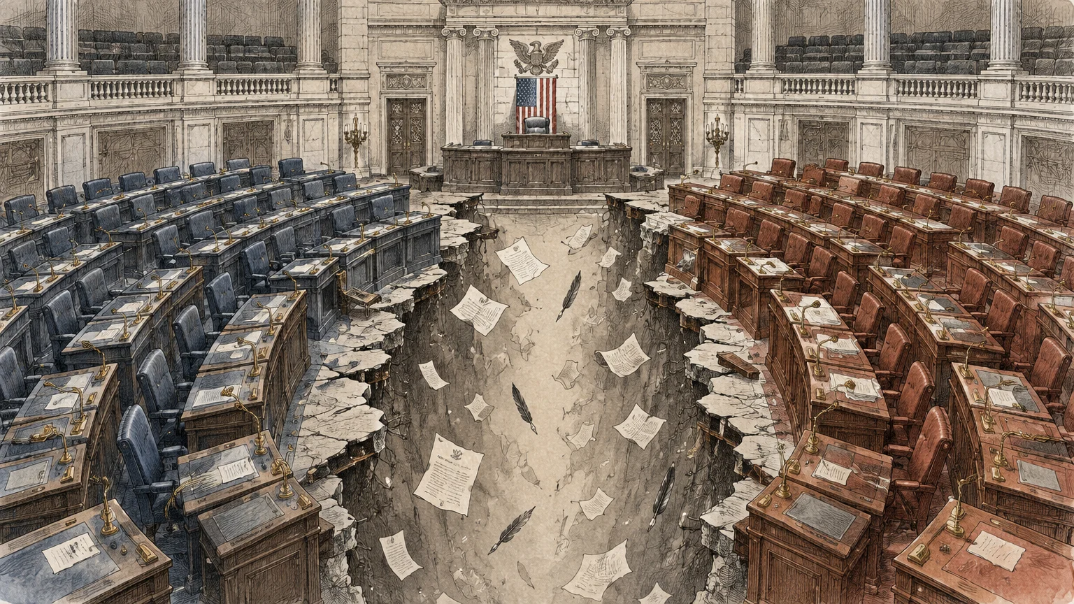 Illustration of a legislative chamber split by a deep chasm between blue and red desks, with papers falling into the abyss.