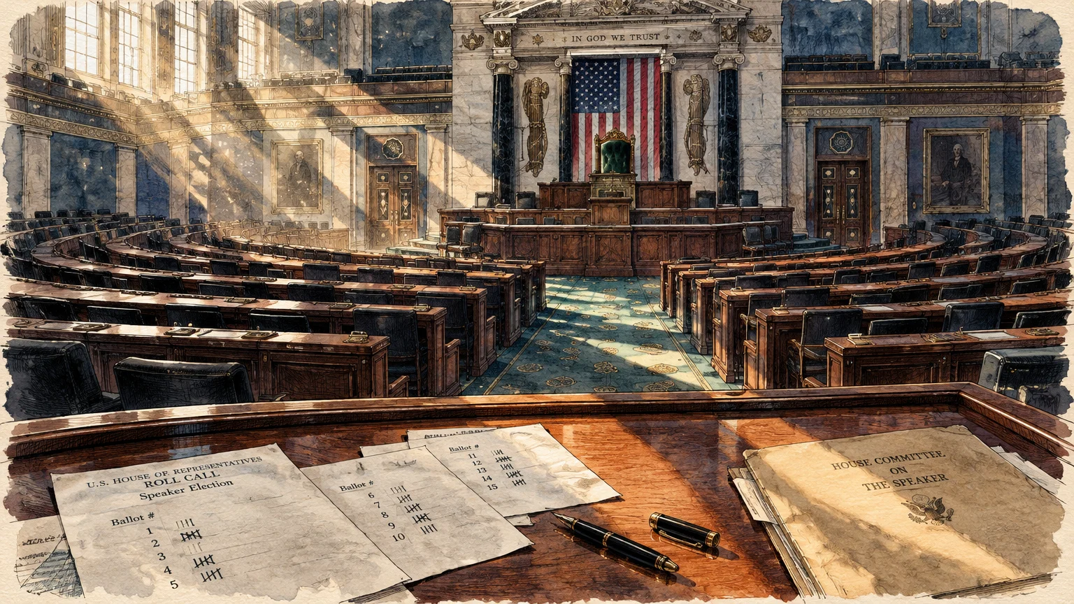 Watercolor illustration of the empty U.S. House chamber with tally sheets for a Speaker roll call vote on a wooden desk.
