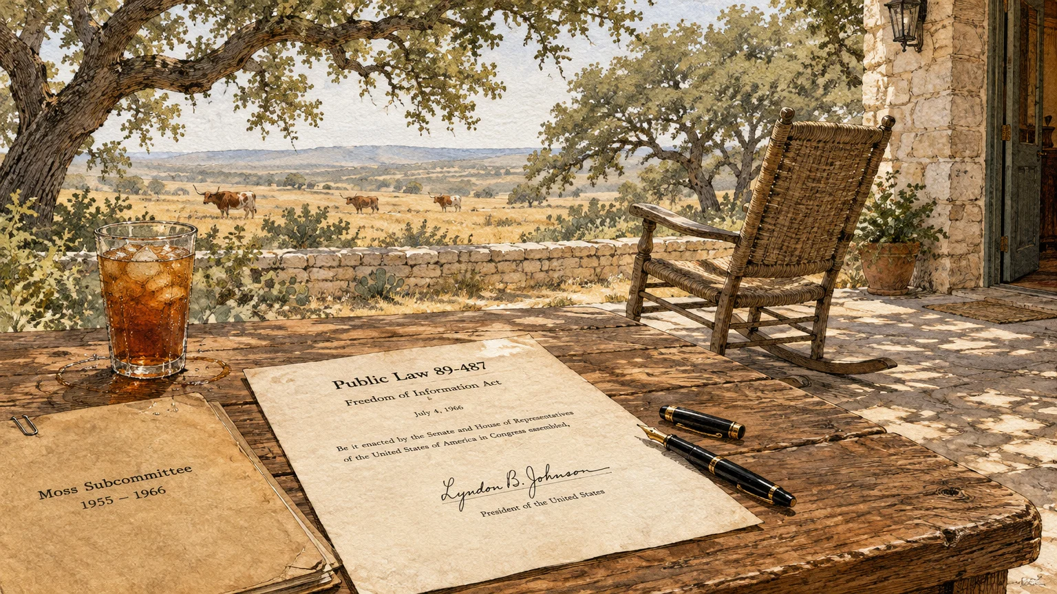 Illustration of a signed Freedom of Information Act document, pen, and iced drink on a rustic porch overlooking Texas pasture.
