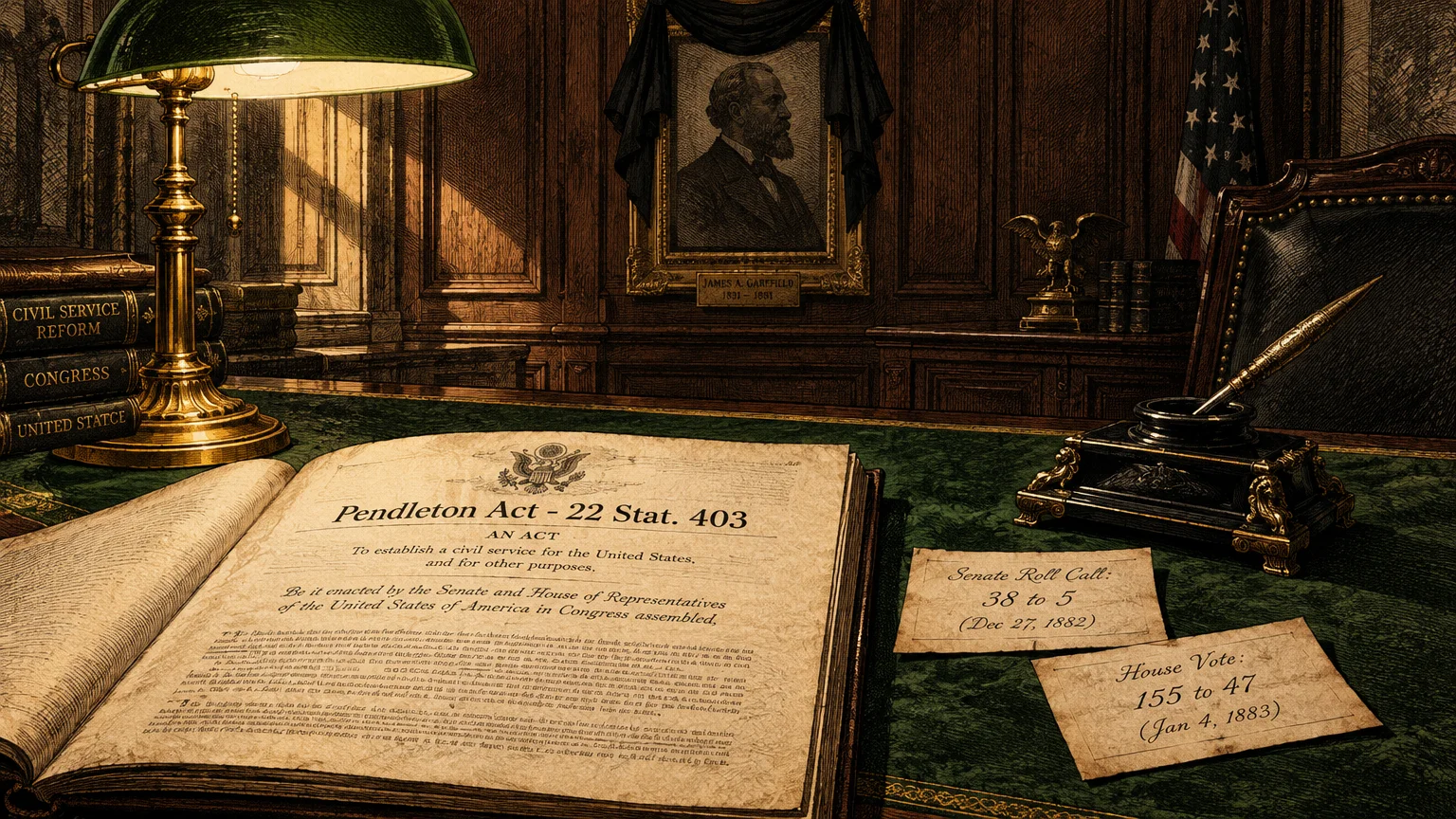 Historic desk with an open Pendleton Act document under a banker's lamp beside vote tallies and an inkwell.