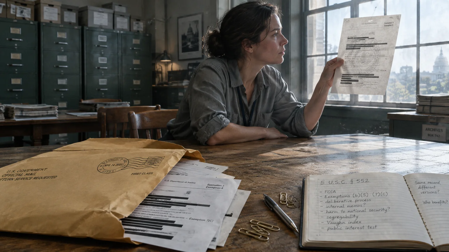 A woman sits at a wooden archive desk examining a redacted government document beside open files and notes.