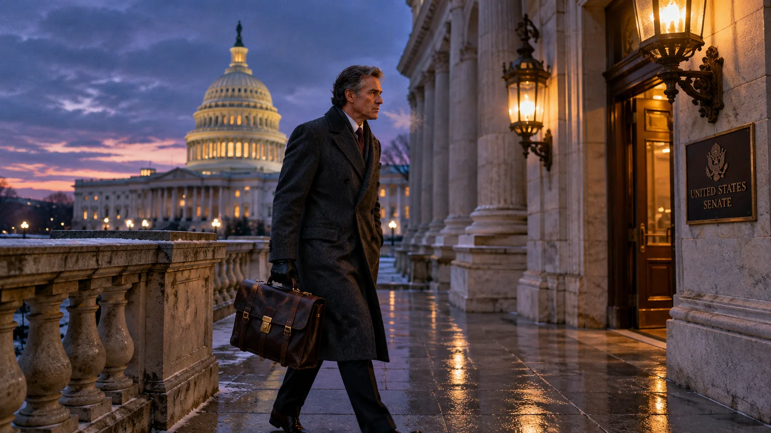 Man in a long coat carrying a briefcase outside the illuminated United States Senate entrance at dusk near the Capitol dome.
