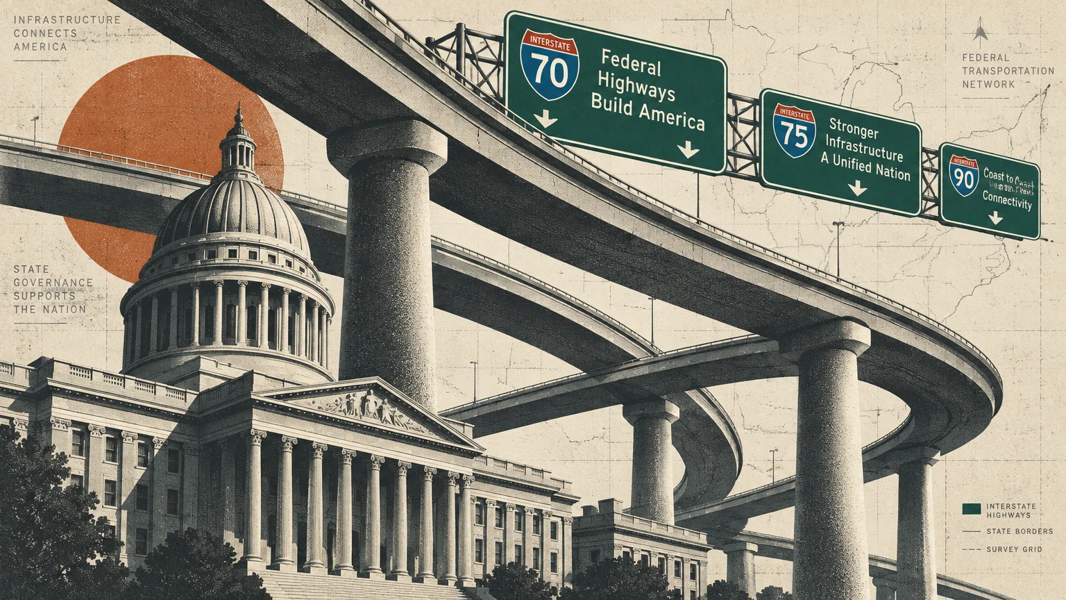 Screenprint illustration of an elevated highway overpass wrapping around a domed capitol building beneath green interstate signs.