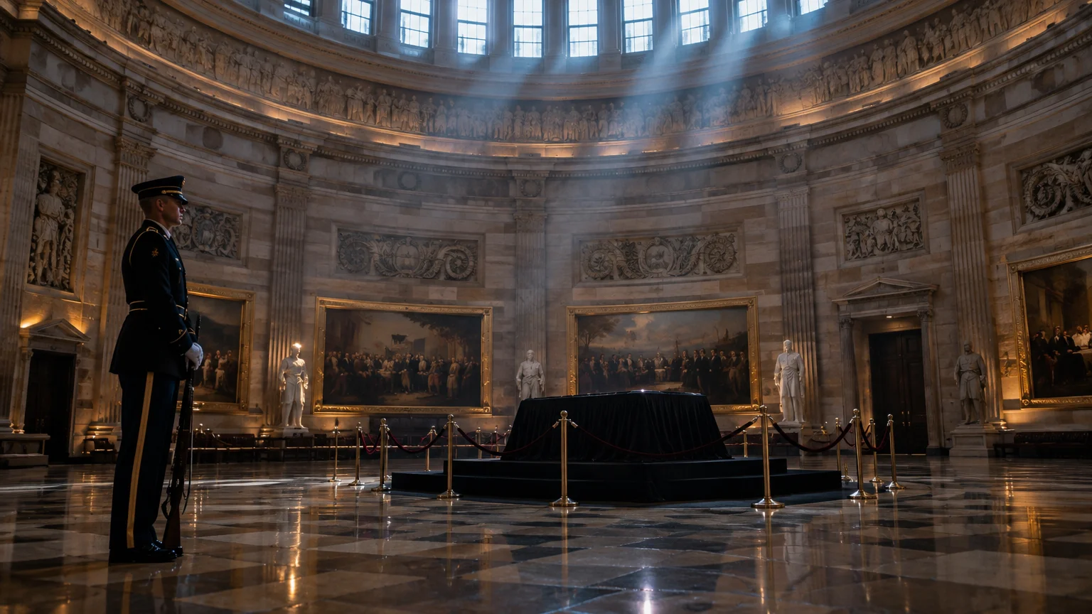 Honor guard standing watch beside a draped catafalque under shafts of sunlight inside the ornate Capitol Rotunda.