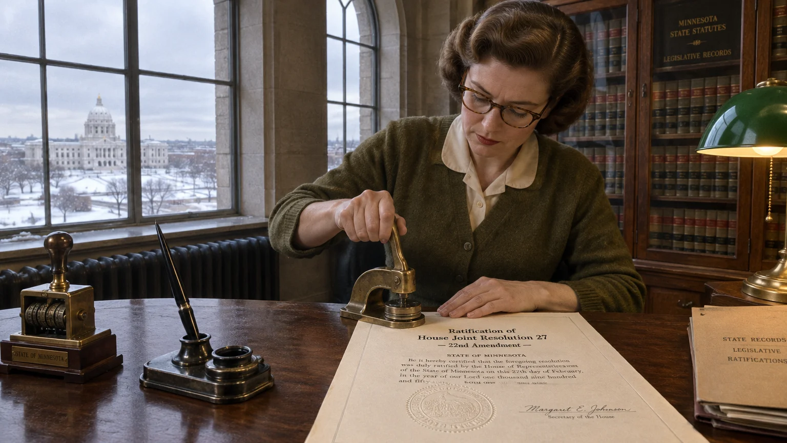 A woman presses an embosser onto a Minnesota ratification document for the 22nd Amendment in an office.