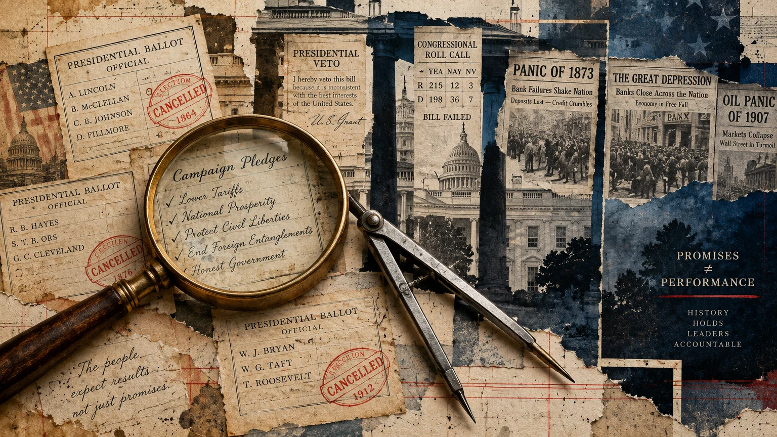 Collage of historic ballots, crisis newspaper headlines, a magnifying glass, and a compass divider.