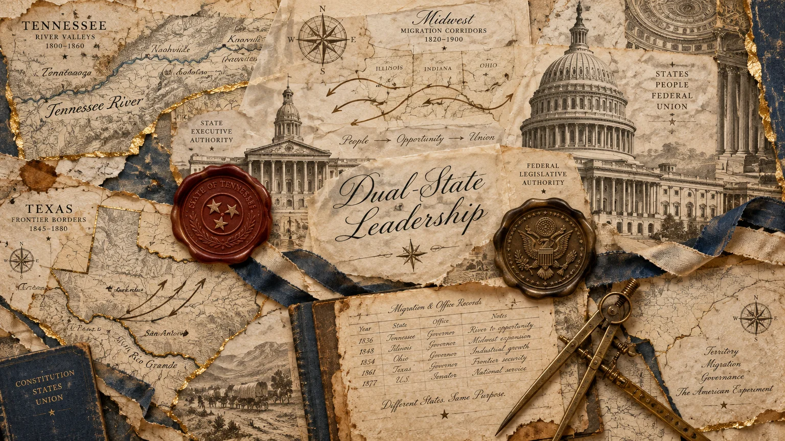Vintage collage featuring historical maps of Tennessee and Texas, the U.S. Capitol, wax seals, and a brass divider tool.