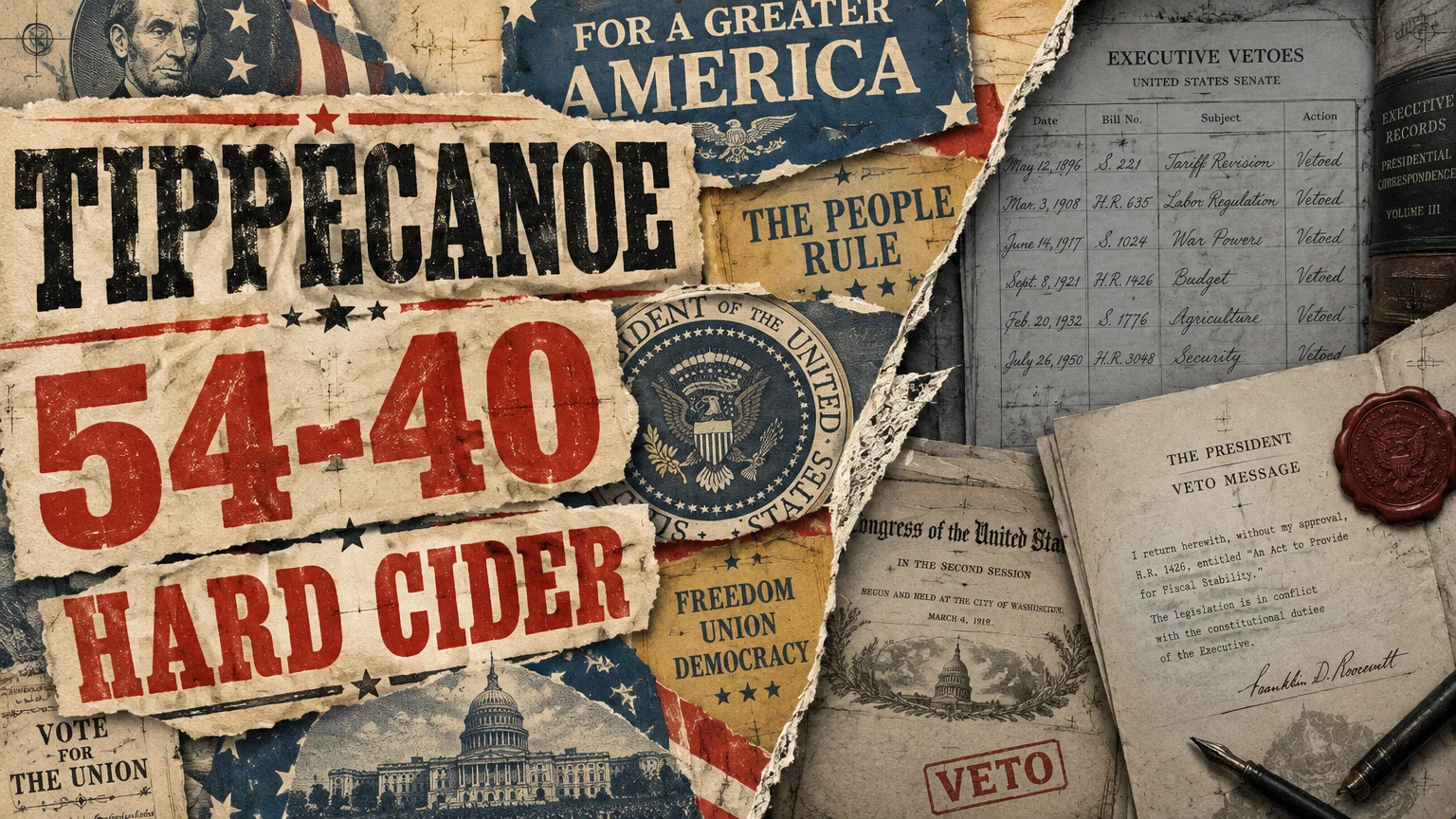 Collage of vintage campaign slogans, presidential seals, and archival executive veto documents with a wax seal and pen.