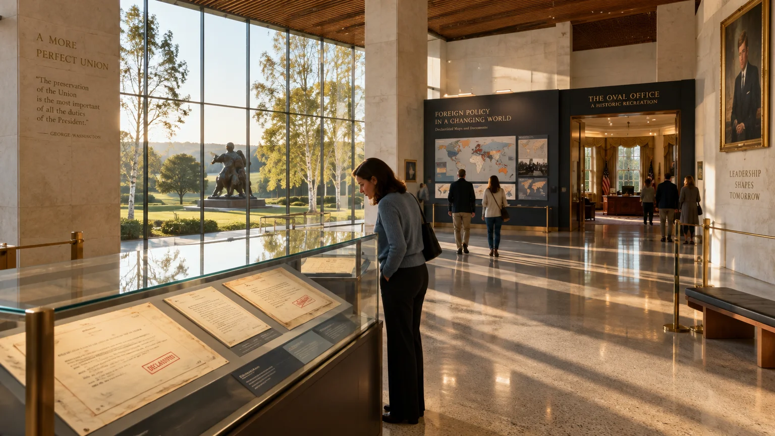Visitors in a spacious museum gallery viewing historical documents in glass cases near an Oval Office exhibit recreation.
