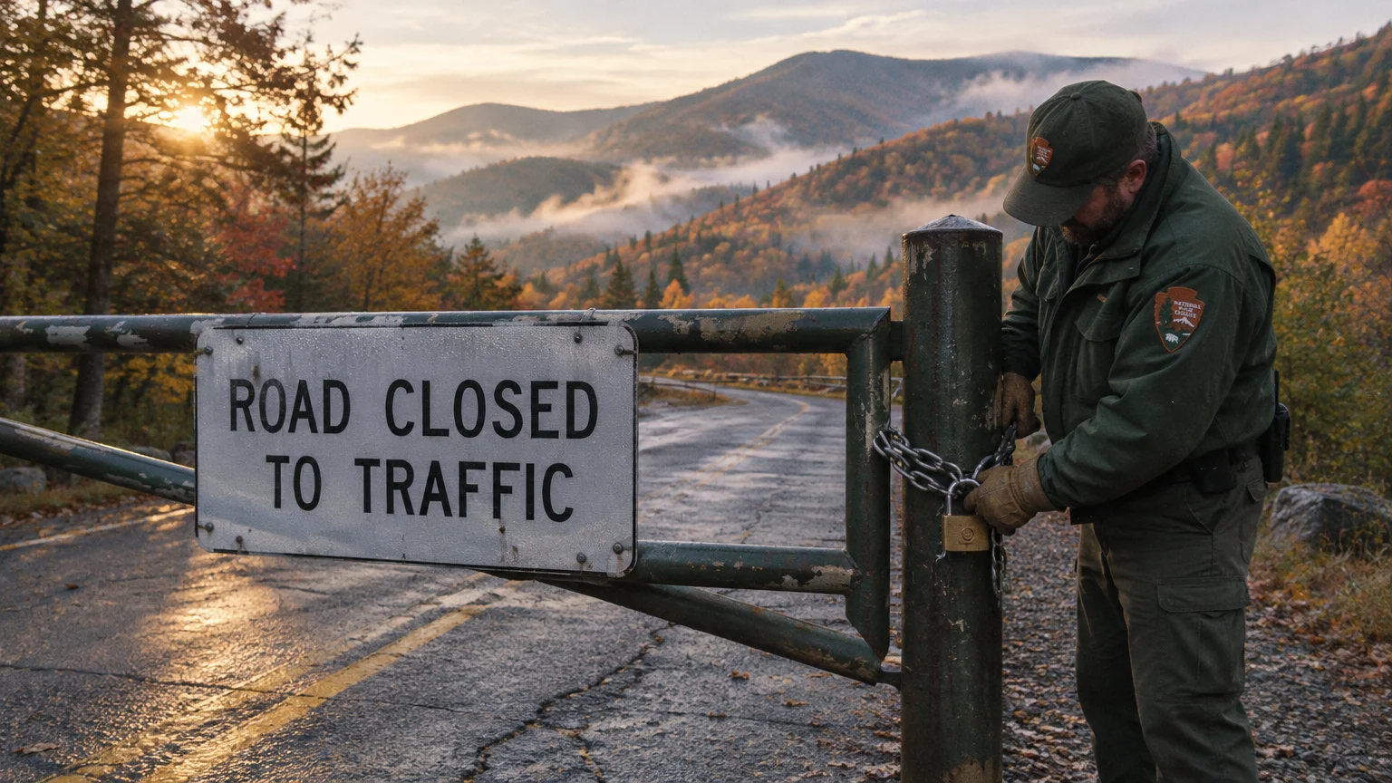 A park ranger padlocks a metal gate marked Road Closed to Traffic on a scenic mountain road at sunrise.