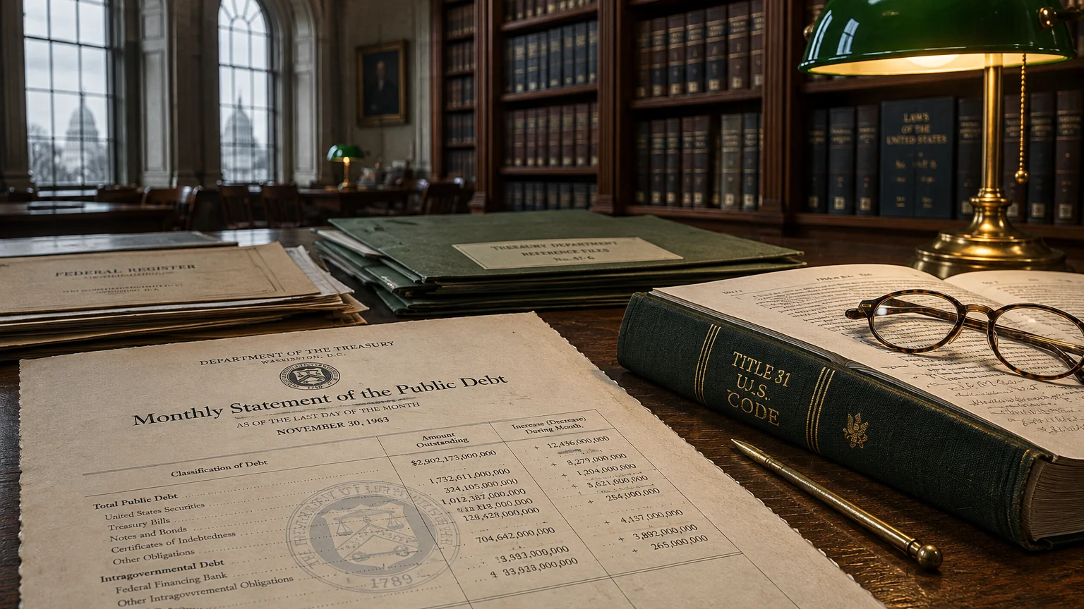 Historical Treasury Department documents, open law books, glasses, and a desk lamp inside a classic library.