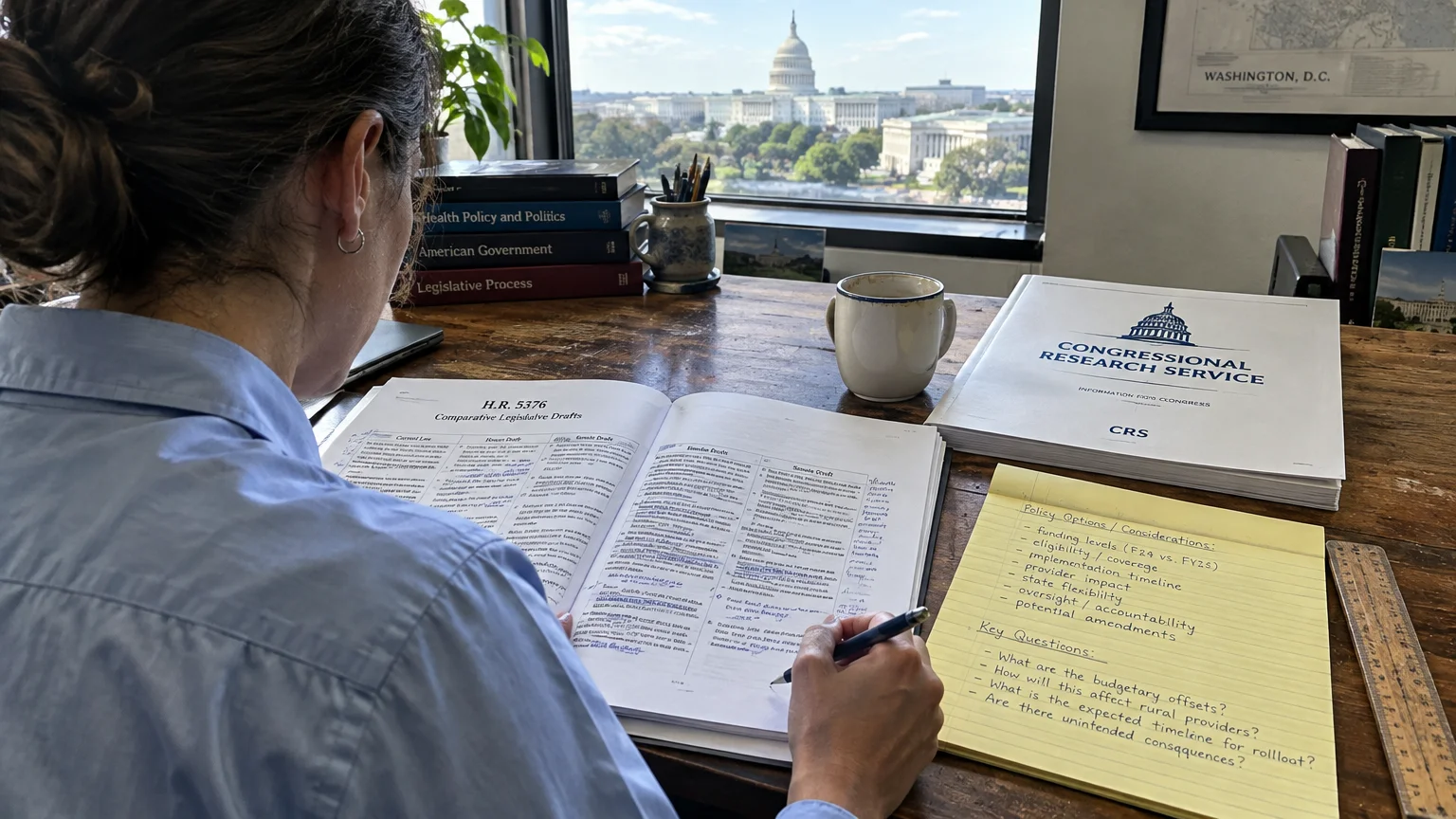 Person at a desk reviewing legislative drafts and notes, beside a Congressional Research Service report overlooking the Capitol.