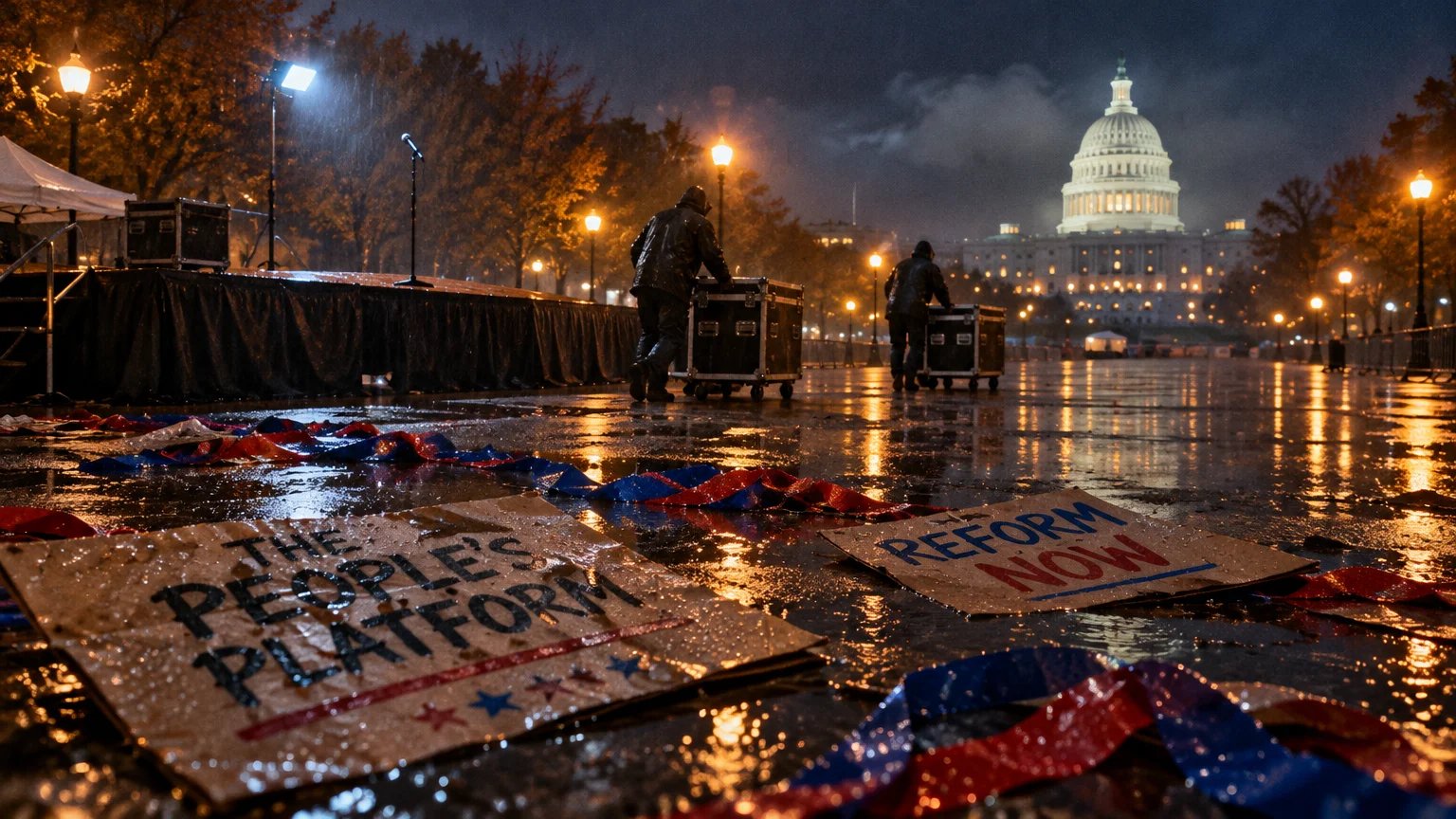Discarded campaign signs lie on wet pavement as workers pack up an outdoor rally stage before the illuminated US Capitol.