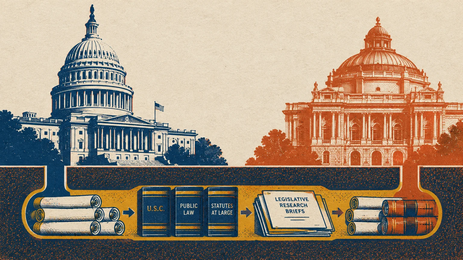Illustration of the US Capitol and Library of Congress connected underground by scrolls, legal books, and research briefs.