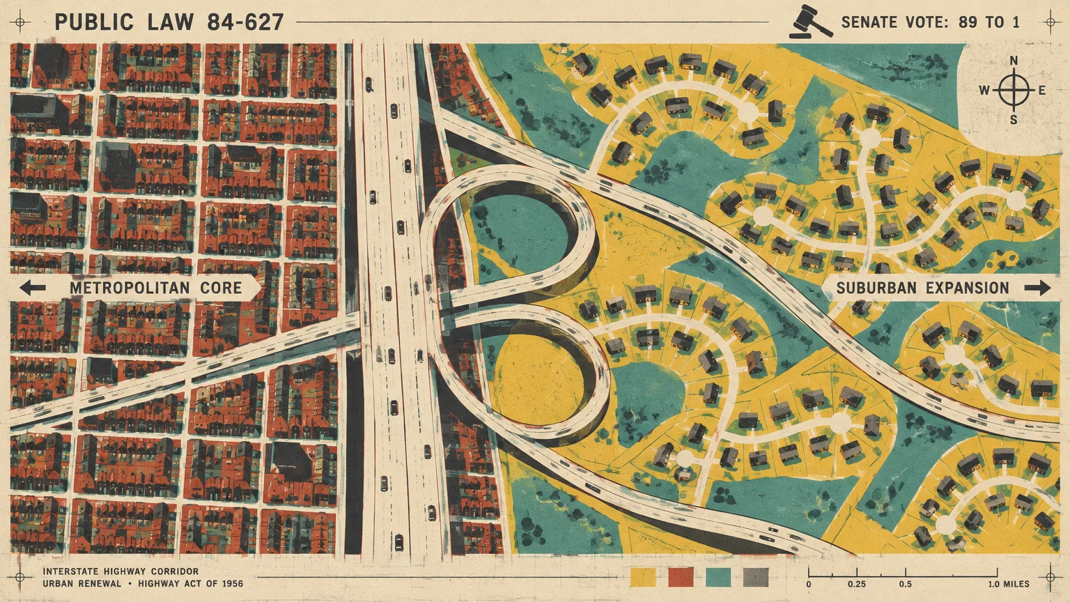 Screenprint map contrasting a dense red metropolitan core with curved yellow suburban cul-de-sacs split by a highway.