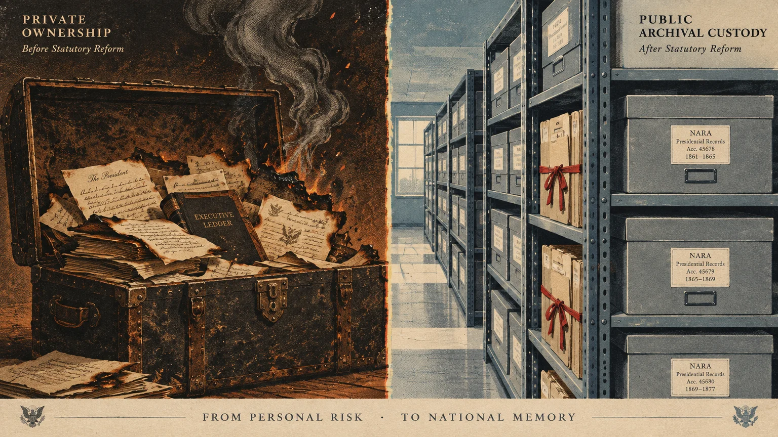 Split illustration contrasting burned papers in an old chest with organized archive boxes on metal shelves.