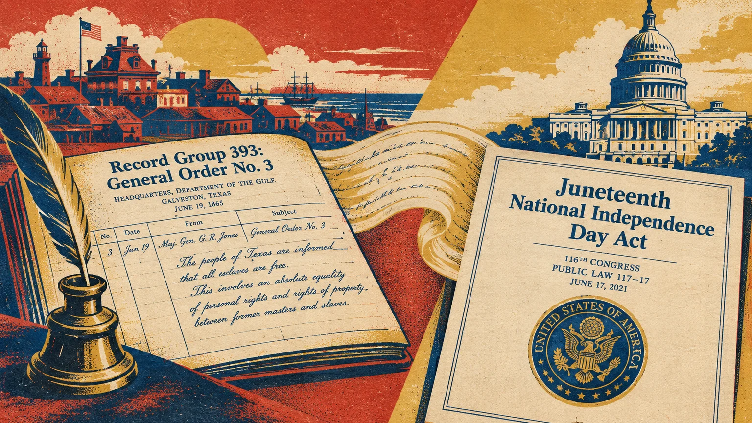 Screenprint of General Order No. 3 in a ledger beside the Juneteenth National Independence Day Act and the U.S. Capitol.