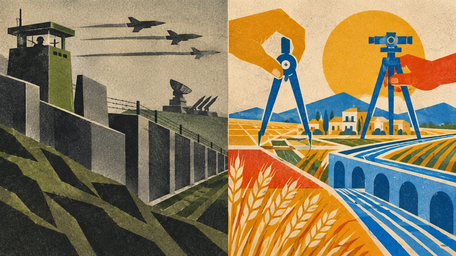 Split illustration contrasting military fortifications and jets with hands using drafting tools over sunny agricultural fields.