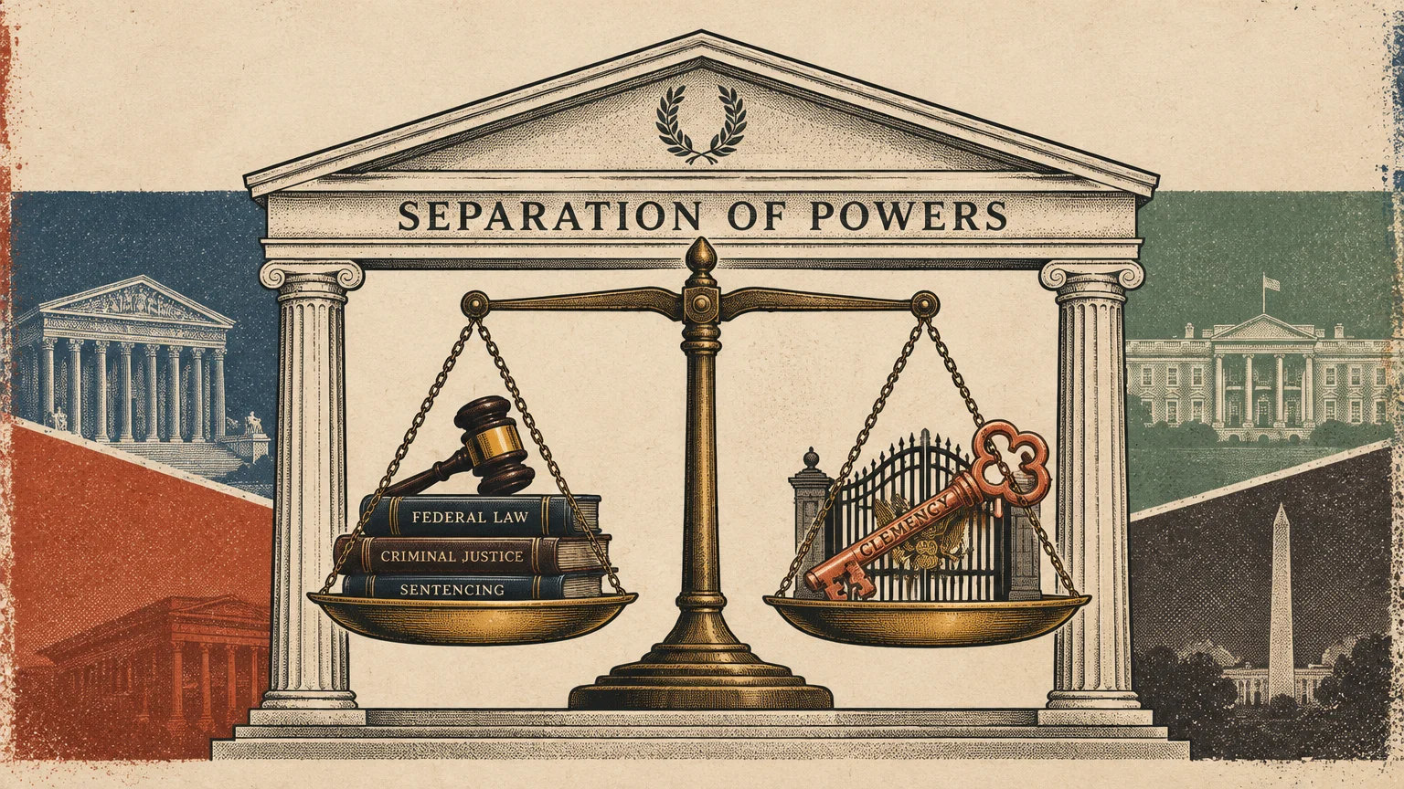 Scales of justice balancing legal books and a clemency key beneath a portico labeled Separation of Powers.