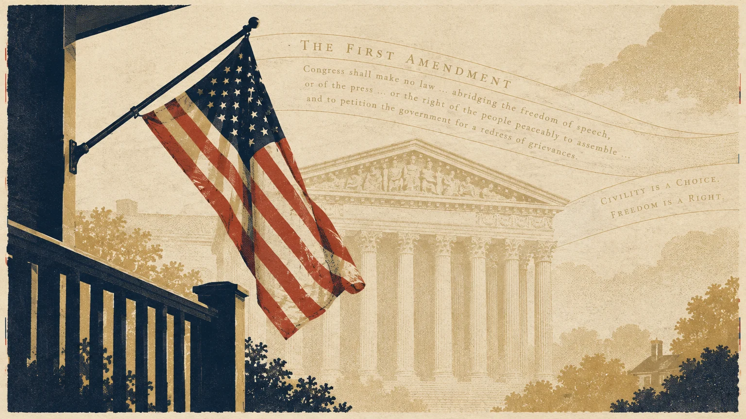 American flag on a porch railing with the Supreme Court building and First Amendment text etched in the background.