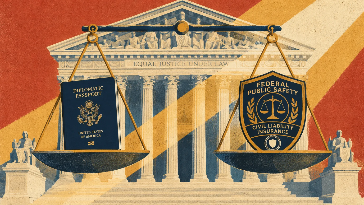 Scales of justice in front of the Supreme Court balancing a diplomatic passport against a federal public safety shield.