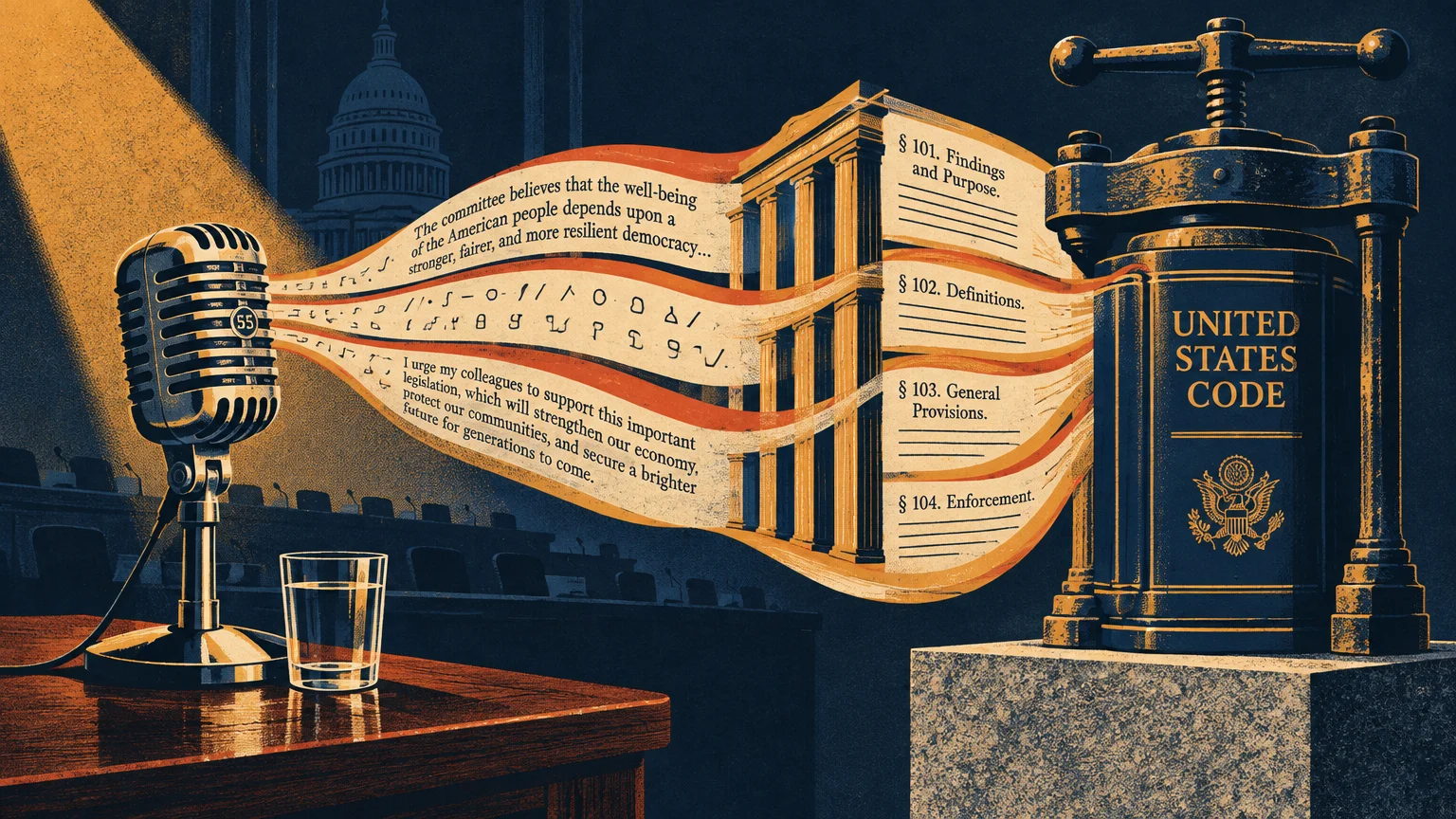 Speech ribbons flow from a hearing microphone through classical pillars into a press labeled United States Code.