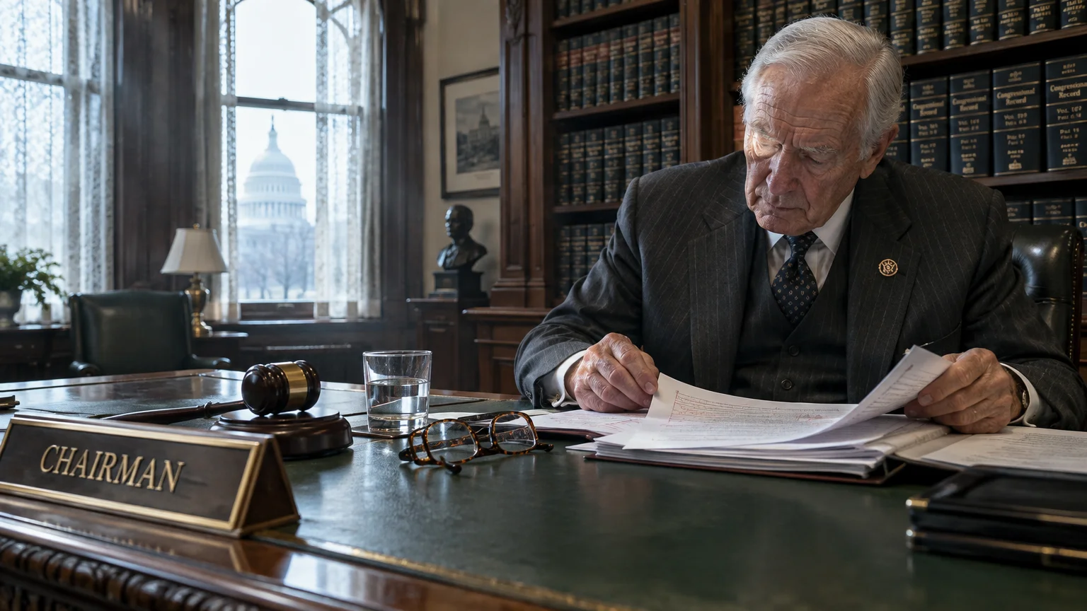 Elderly man in a suit reading paperwork at an ornate desk labeled Chairman, with a gavel and Capitol dome outside.