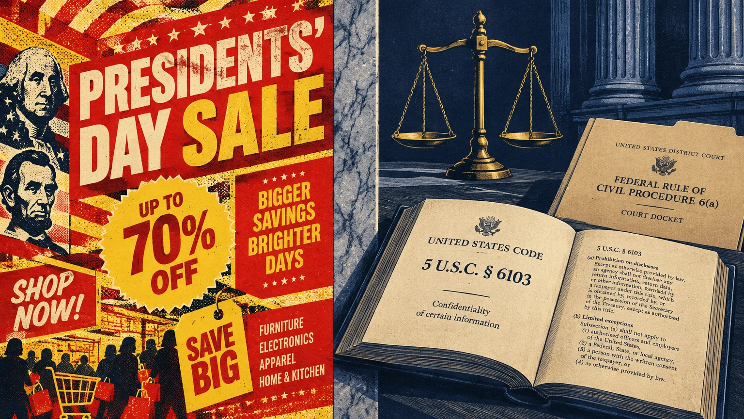 Split illustration of a commercial Presidents' Day sale flyer beside scales of justice, law books, and court documents.