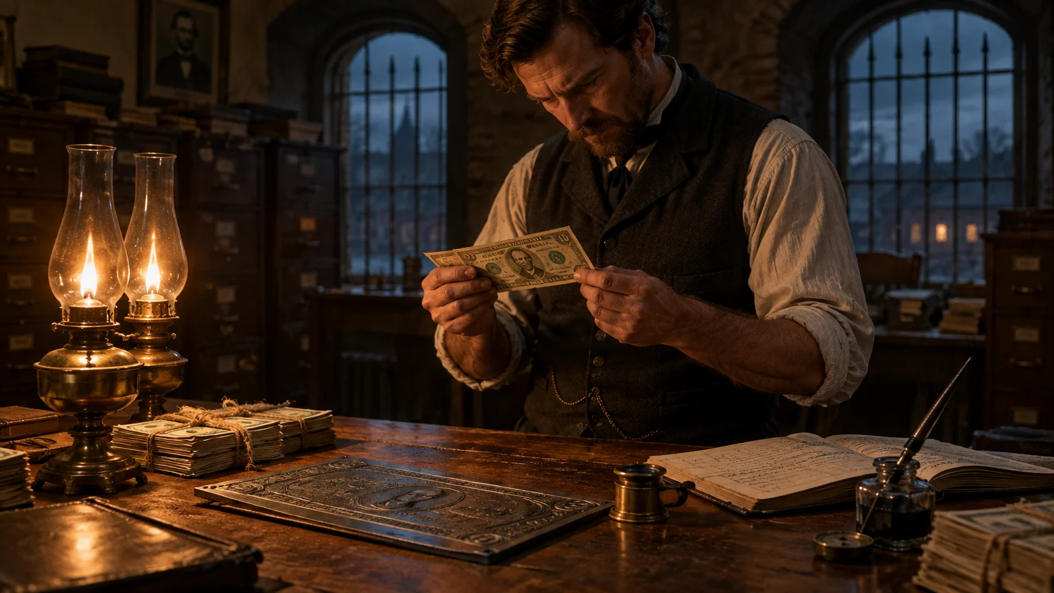 A bearded man in 19th-century attire examines paper money at a desk by lamplight near currency stacks and printing plates.