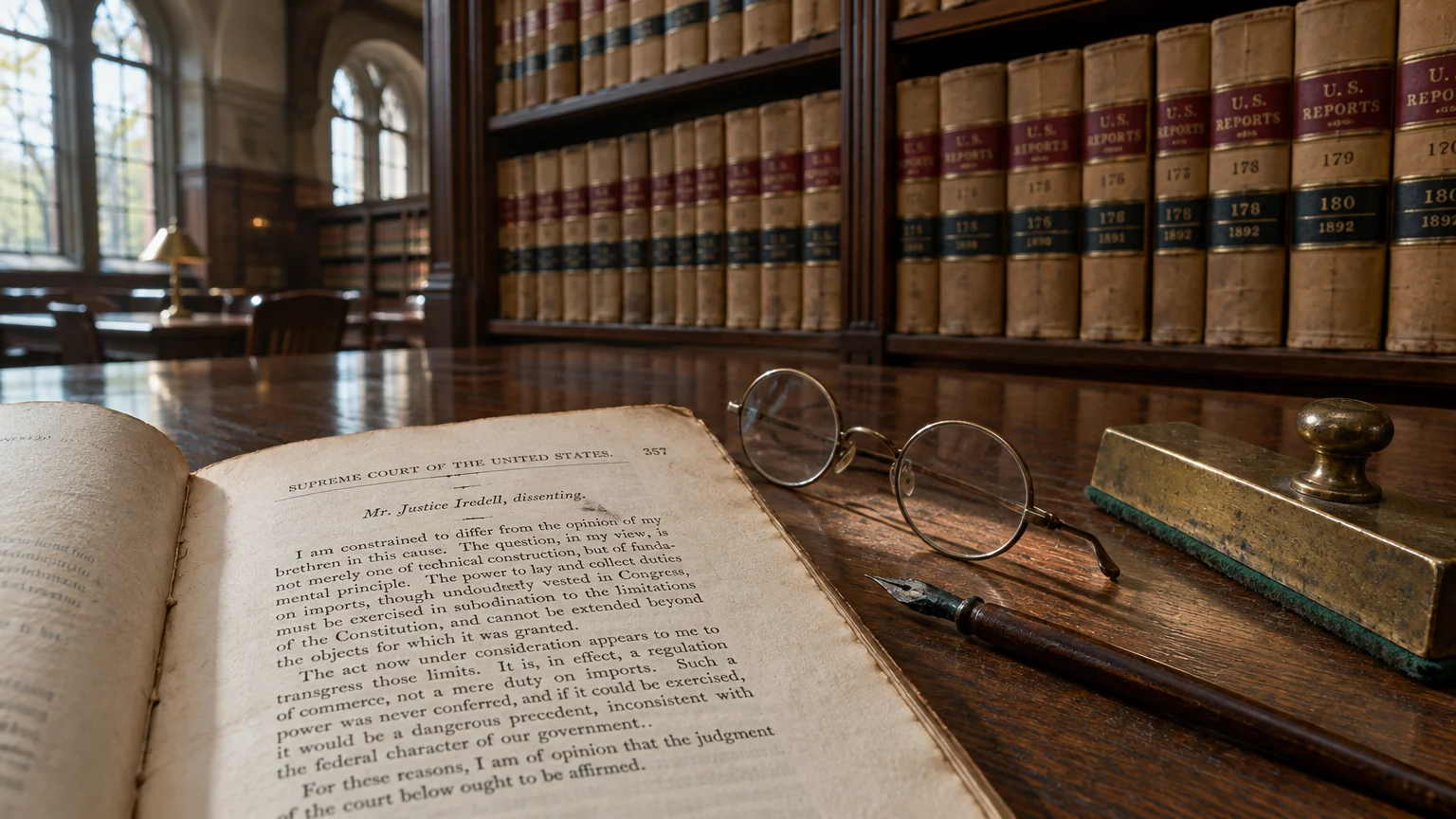 Open law book showing a Supreme Court dissent beside round spectacles, a dip pen, and a blotter on a library table.