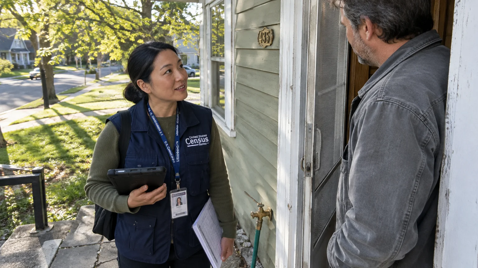 A female Census Bureau worker holding a tablet talks to a man standing in the doorway of a house.